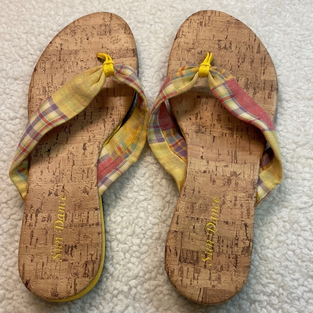 Sun Dance Plaid Cloth Thong Sandals w/Cork